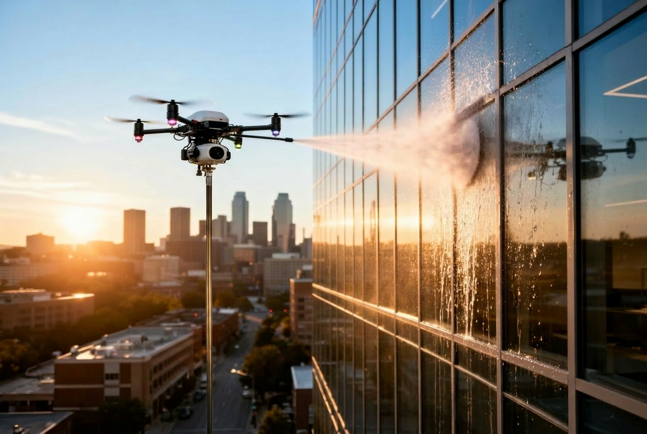 Commercial drone cleaning the glass facade of a modern Nashville office building at golden hour